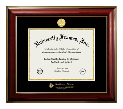 Portland State University Maseeh College of Engineering & Computer Science Diploma Frame in Classic Mahogany with Gold Trim with Black & Gold Mats for document: 8 1/2"h x 11"w  
