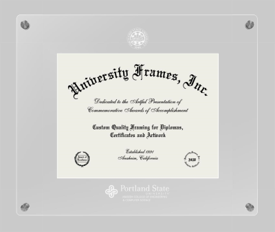 Portland State University Maseeh College of Engineering & Computer Science Lucent Clear-over-Clear Frame in Lucent Clear Moulding with Lucent Clear Mat for document: 8 1/2"h x 11"w  