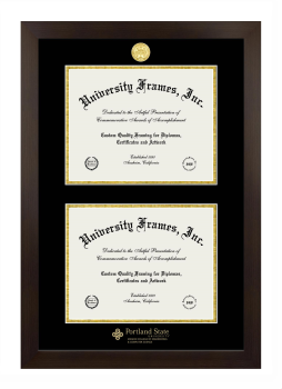 Portland State University Maseeh College of Engineering & Computer Science Double Degree (Stacked) Frame in Manhattan Espresso with Black & Gold Mats for document: 8 1/2"h x 11"w  , document: 8 1/2"h x 11"w  