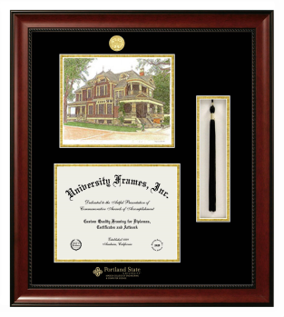 Portland State University Maseeh College of Engineering & Computer Science Double Opening with Campus Image & Tassel Box (Stacked) Frame in Avalon Mahogany with Black & Gold Mats for document: 8 1/2"h x 11"w  