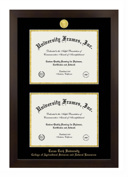 Texas Tech University College of Agricultural Sciences and Natural Resources Double Degree (Stacked) Frame in Manhattan Espresso with Black & Gold Mats for document: 8 1/2"h x 11"w  , document: 8 1/2"h x 11"w  