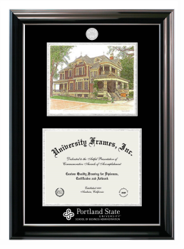 Portland State University School of Business Administration Double Opening with Campus Image (Stacked) Frame in Classic Ebony with Silver Trim with Black & Silver Mats for document: 8 1/2"h x 11"w  