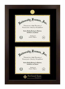 Portland State University School of Fine and Performing Arts Double Degree (Stacked) Frame in Manhattan Espresso with Black & Gold Mats for document: 8 1/2"h x 11"w  , document: 8 1/2"h x 11"w  