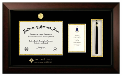 Portland State University School of Fine and Performing Arts Diploma with Announcement & Tassel Box Frame in Legacy Black Cherry with Black & Gold Mats for document: 8 1/2"h x 11"w  , diploma: 7"h x 4"w  