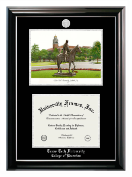 Texas Tech University College of Education Double Opening with Campus Image (Stacked) Frame in Classic Ebony with Silver Trim with Black & Silver Mats for document: 8 1/2"h x 11"w  