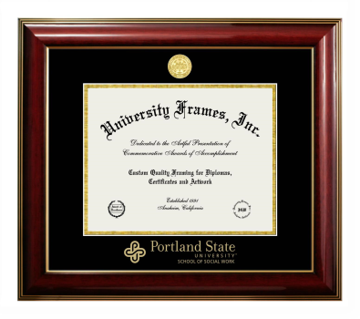 Portland State University School of Social Work Diploma Frame in Classic Mahogany with Gold Trim with Black & Gold Mats for DOCUMENT: 8 1/2"H X 11"W  