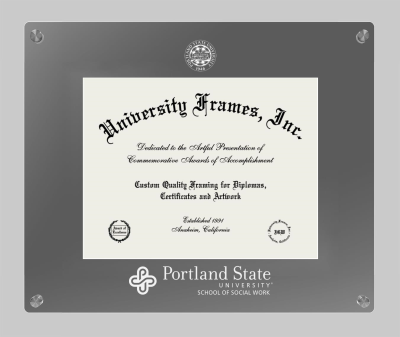 Portland State University School of Social Work Lucent Clear-over-Smoke Frame in Lucent Smoke Moulding with Lucent Smoke Mat for document: 8 1/2"h x 11"w  