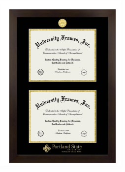 Portland State University School of Social Work Double Degree (Stacked) Frame in Manhattan Espresso with Black & Gold Mats for document: 8 1/2"h x 11"w  , document: 8 1/2"h x 11"w  