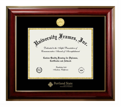 Portland State University The School of Business Diploma Frame in Classic Mahogany with Gold Trim with Black & Gold Mats for document: 8 1/2"h x 11"w  
