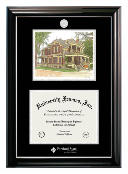 Portland State University The School of Business Double Opening with Campus Image (Stacked) Frame in Classic Ebony with Silver Trim with Black & Silver Mats for document: 8 1/2"h x 11"w  