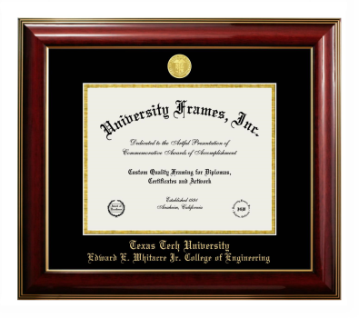 Texas Tech University Edward E. Whitacre Jr. College of Engineering Diploma Frame in Classic Mahogany with Gold Trim with Black & Gold Mats for DOCUMENT: 8 1/2"H X 11"W  