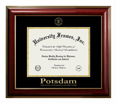 Potsdam The State University of New York Diploma Frame in Classic Mahogany with Gold Trim with Black & Gold Mats for DOCUMENT: 8 1/2"H X 11"W  