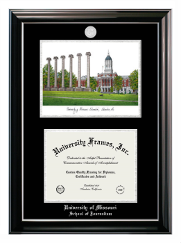 University of Missouri School of Journalism Double Opening with Campus Image (Stacked) Frame in Classic Ebony with Silver Trim with Black & Silver Mats for document: 8 1/2"h x 11"w  