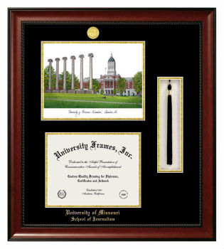 University of Missouri School of Journalism Double Opening with Campus Image & Tassel Box (Stacked) Frame in Avalon Mahogany with Black & Gold Mats for document: 8 1/2"h x 11"w  