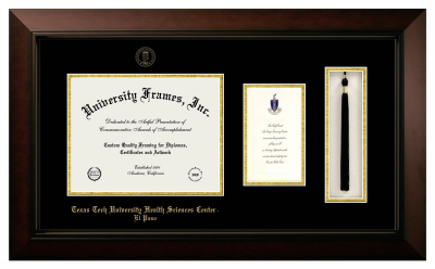 Texas Tech University Health Sciences Center - El Paso Diploma with Announcement & Tassel Box Frame in Legacy Black Cherry with Black & Gold Mats for document: 8 1/2"h x 11"w  , diploma: 7"h x 4"w  
