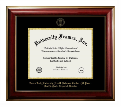 Texas Tech University Health Sciences Center - El Paso Paul L. Foster School of Medicine Diploma Frame in Classic Mahogany with Gold Trim with Black & Gold Mats for DOCUMENT: 8 1/2"H X 11"W  