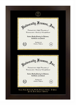 Texas Tech University Health Sciences Center - El Paso Paul L. Foster School of Medicine Double Degree (Stacked) Frame in Manhattan Espresso with Black & Gold Mats for document: 8 1/2"h x 11"w  , document: 8 1/2"h x 11"w  