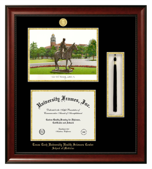 Texas Tech University Health Sciences Center School of Medicine Double Opening with Campus Image & Tassel Box (Stacked) Frame in Avalon Mahogany with Black & Gold Mats for document: 8 1/2"h x 11"w  