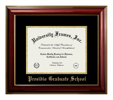 Presidio Graduate School Diploma Frame in Classic Mahogany with Gold Trim with Black & Gold Mats for document: 8 1/2"h x 11"w  