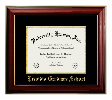 Presidio Graduate School Diploma Frame in Classic Mahogany with Gold Trim with Black & Gold Mats for DOCUMENT: 8 1/2"H X 11"W  