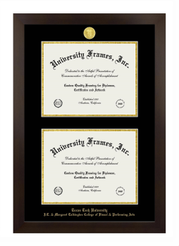 Texas Tech University J.T. & Margaret Talkington College of Visual & Performing Arts Double Degree (Stacked) Frame in Manhattan Espresso with Black & Gold Mats for document: 8 1/2"h x 11"w  , document: 8 1/2"h x 11"w  