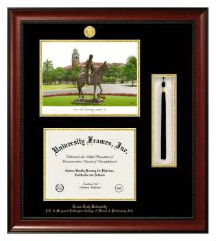 Texas Tech University J.T. & Margaret Talkington College of Visual & Performing Arts Double Opening with Campus Image & Tassel Box (Stacked) Frame in Avalon Mahogany with Black & Gold Mats for document: 8 1/2"h x 11"w  