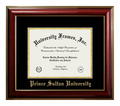 Prince Sultan University Diploma Frame in Classic Mahogany with Gold Trim with Black & Gold Mats for DOCUMENT: 8 1/2"H X 11"W  