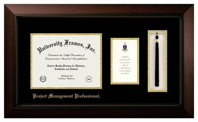 Project Management Professional Diploma with Announcement & Tassel Box Frame in Legacy Black Cherry with Black & Gold Mats for document: 8 1/2"h x 11"w  , diploma: 7"h x 4"w  