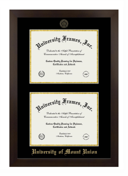 University of Mount Union Double Degree (Stacked) Frame in Manhattan Espresso with Black & Gold Mats for document: 8 1/2"h x 11"w  , document: 8 1/2"h x 11"w  