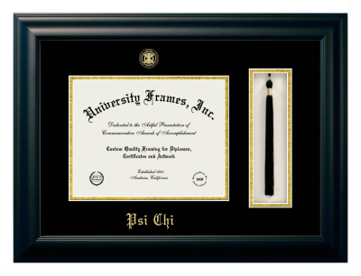 Psi Chi Diploma with Tassel Box Frame in Satin Black with Black & Gold Mats for document: 8 1/2"h x 11"w  