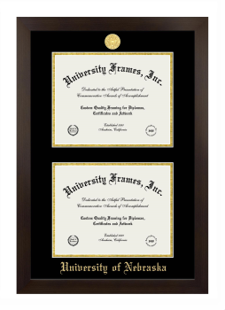 University of Nebraska (Lincoln) Double Degree (Stacked) Frame in Manhattan Espresso with Black & Gold Mats for document: 8 1/2"h x 11"w  , document: 8 1/2"h x 11"w  