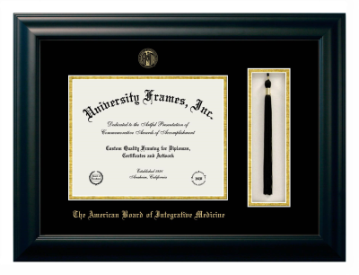 The American Board of Integrative Medicine Diploma with Tassel Box Frame in Satin Black with Black & Gold Mats for DOCUMENT: 8 1/2"H X 11"W  