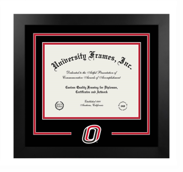 University of Nebraska at Omaha College of Arts and Sciences Logo Mat Frame in Manhattan Black with Black & Red Mats for document: 8 1/2"h x 11"w  