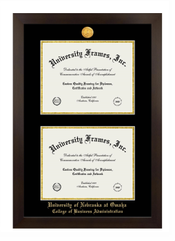 University of Nebraska at Omaha College of Business Administration Double Degree (Stacked) Frame in Manhattan Espresso with Black & Gold Mats for document: 8 1/2"h x 11"w  , document: 8 1/2"h x 11"w  