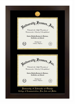 University of Nebraska at Omaha College of Communication, Fine Arts and Media Double Degree (Stacked) Frame in Manhattan Espresso with Black & Gold Mats for document: 8 1/2"h x 11"w  , document: 8 1/2"h x 11"w  