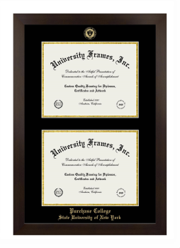 Purchase College State University of New York Double Degree (Stacked) Frame in Manhattan Espresso with Black & Gold Mats for document: 8 1/2"h x 11"w  , document: 8 1/2"h x 11"w  