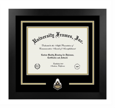 Purdue University Logo Mat Frame in Manhattan Black with Black & Tan Mats for DOCUMENT: 8 1/2"H X 11"W  