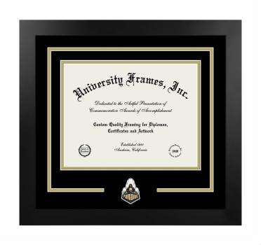 Purdue University Logo Mat Frame in Manhattan Black with Black & Tan Mats for DOCUMENT: 8 1/2"H X 11"W  