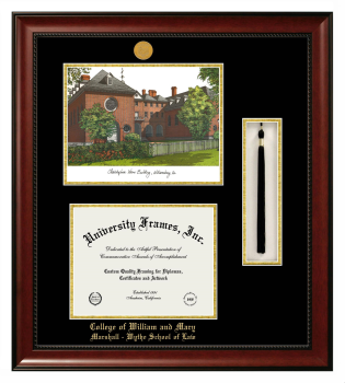 College of William and Mary Marshall - Wythe School of Law Double Opening with Campus Image & Tassel Box (Stacked) Frame in Avalon Mahogany with Black & Gold Mats for DOCUMENT: 8 1/2"H X 11"W  