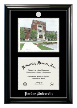 Purdue University Double Opening with Campus Image (Stacked) Frame in Classic Ebony with Silver Trim with Black & Silver Mats for DOCUMENT: 8 1/2"H X 11"W  