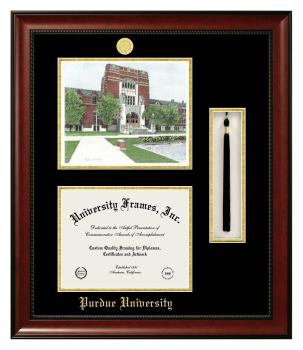 Purdue University Double Opening with Campus Image & Tassel Box (Stacked) Frame in Avalon Mahogany with Black & Gold Mats for  7"h x 9"w  
