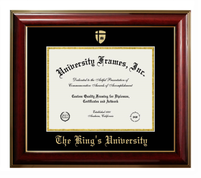 The King's University Diploma Frame in Classic Mahogany with Gold Trim with Black & Gold Mats for DOCUMENT: 8 1/2"H X 11"W  