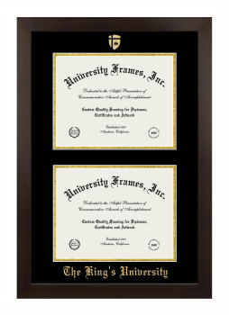 The King's University Double Degree (Stacked) Frame in Manhattan Espresso with Black & Gold Mats for document: 8 1/2"h x 11"w  , document: 8 1/2"h x 11"w  