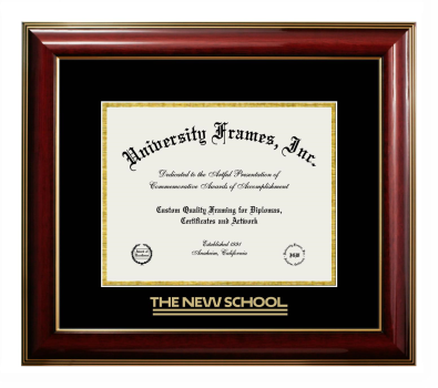 The New School Diploma Frame in Classic Mahogany with Gold Trim with Black & Gold Mats for DOCUMENT: 8 1/2"H X 11"W  
