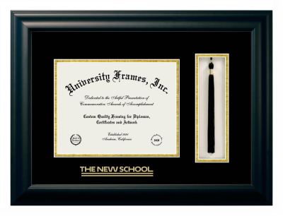 The New School Diploma with Tassel Box Frame in Satin Black with Black & Gold Mats for DOCUMENT: 8 1/2"H X 11"W  