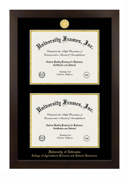 University of Nebraska College of Agricultural Sciences and Natural Resources Double Degree (Stacked) Frame in Manhattan Espresso with Black & Gold Mats for document: 8 1/2"h x 11"w  , document: 8 1/2"h x 11"w  