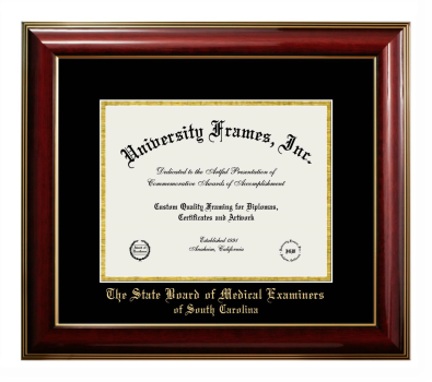 The State Board of Medical Examiners of South Carolina Diploma Frame in Classic Mahogany with Gold Trim with Black & Gold Mats for DOCUMENT: 8 1/2"H X 11"W  
