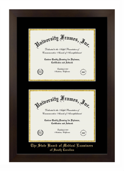 The State Board of Medical Examiners of South Carolina Double Degree (Stacked) Frame in Manhattan Espresso with Black & Gold Mats for document: 8 1/2"h x 11"w  , document: 8 1/2"h x 11"w  