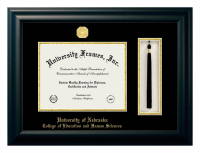 University of Nebraska College of Education and Human Sciences Diploma with Tassel Box Frame in Satin Black with Black & Gold Mats for DOCUMENT: 8 1/2"H X 11"W  