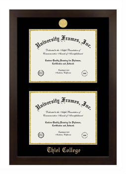 Thiel College Double Degree (Stacked) Frame in Manhattan Espresso with Black & Gold Mats for document: 8 1/2"h x 11"w  , document: 8 1/2"h x 11"w  